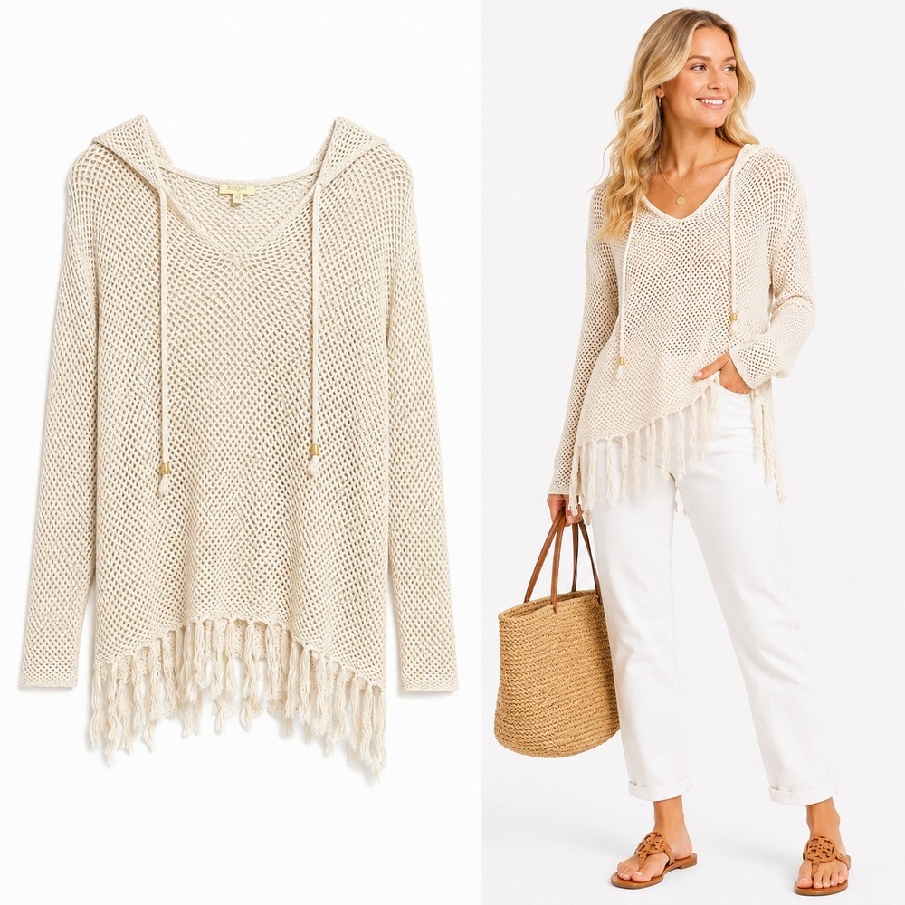 Project Womens XS Hooded Open Knit Fringe Hem Tie Neck‎ Cream Sweater Boho